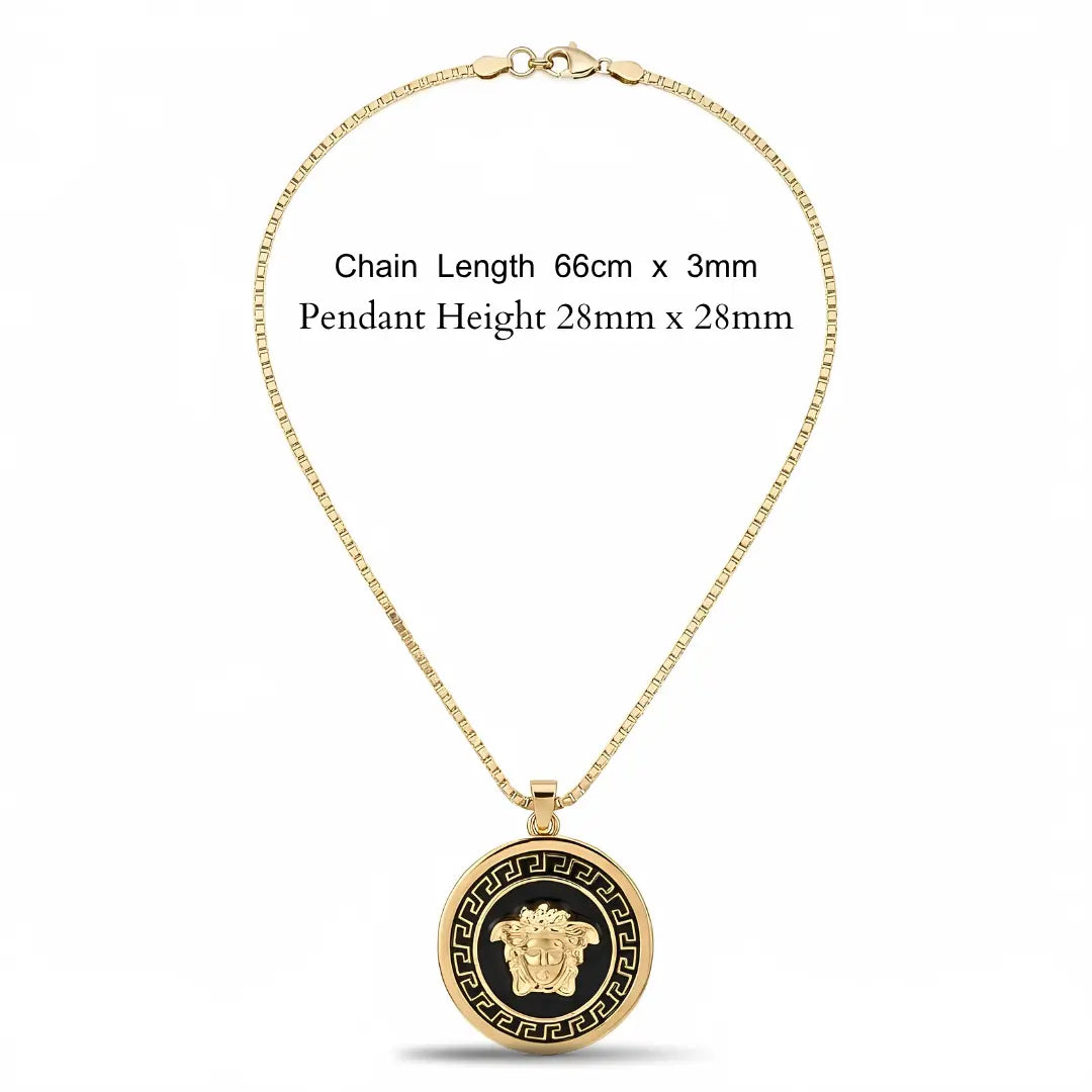 14K Gold Tone Greek Key Medallion Pendant Necklace – 28mm x 28mm Contrasting Round Pendant with 66cm x 3mm Chain for Men